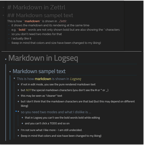 markdown rendering zettlr vs logseq